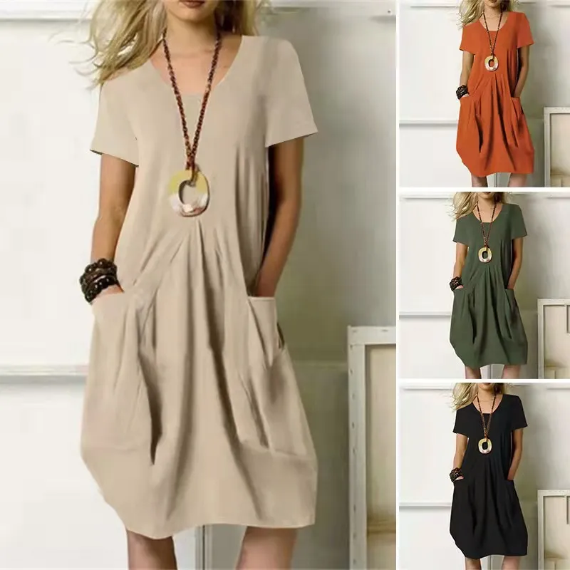 Cotton and linen loose pocket long skirt
